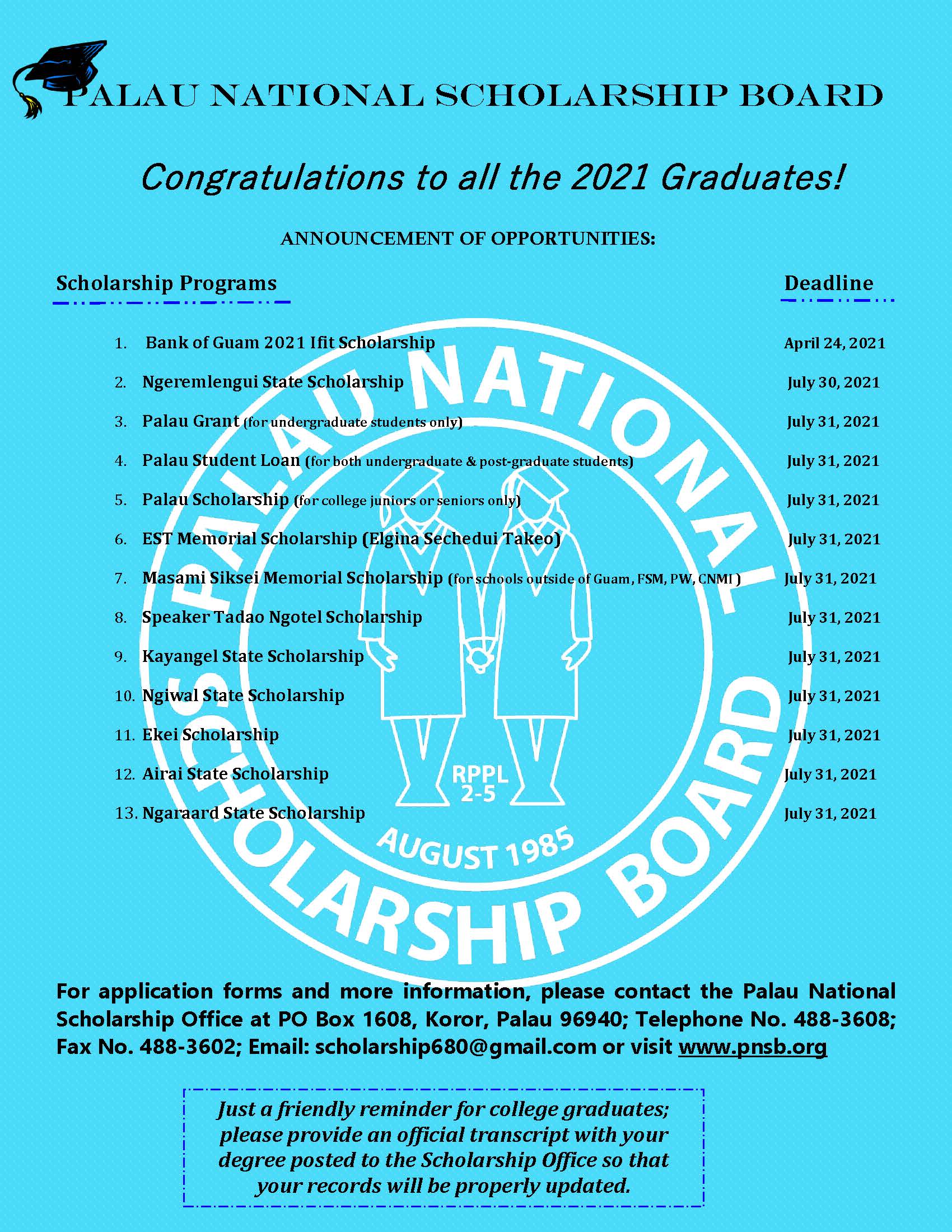 Available Scholarship Opportunities for 2021! – Palau National